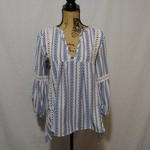 Dresswel Peasant Boho Top White Blue Balloon Sleeves Size Small